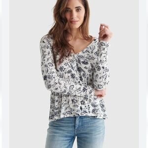 LUCKY BRAND white and black long Sleeves v neck boho blouse size XL
